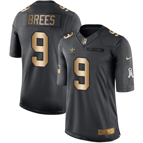 Saints #9 Drew Brees Black Stitched Limited Gold Salute To Service Nike Jersey
