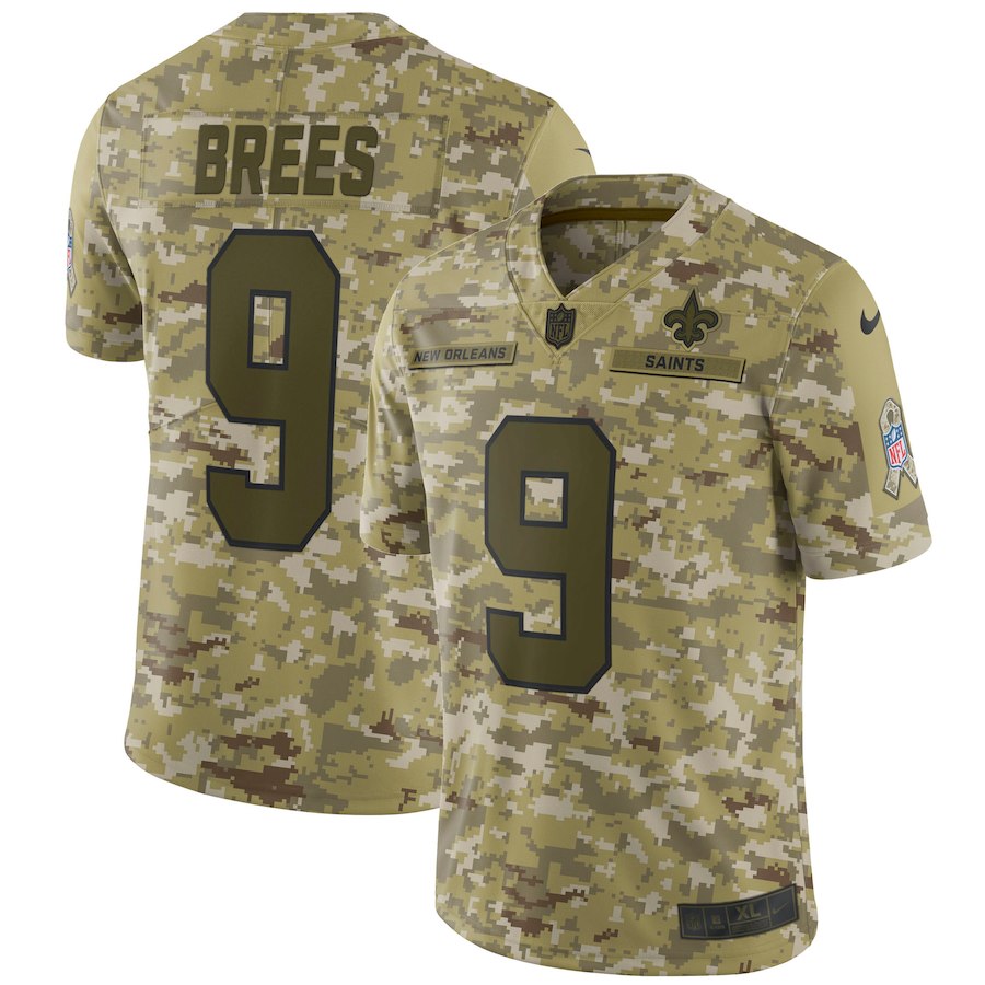 Saints #9 Drew Brees 2018 Camo Salute To Service Limited Stitched Jersey