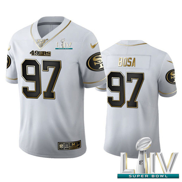 San Francisco 49ers #97 Nick Bosa White With Super Bowl Patch 100th Season Golden Edition Limited Stitched Jersey