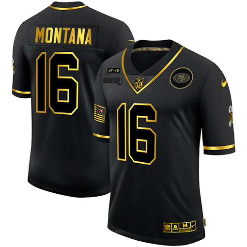 San Francisco 49ers #16 Joe Montana 2020 Black Gold Salute To Service Limited Stitched Jersey