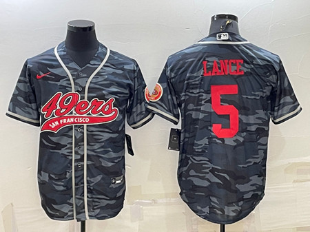 San Francisco 49ers #5 Trey Lance Gray Red Camo With Patch Cool Base Stitched Baseball Jersey