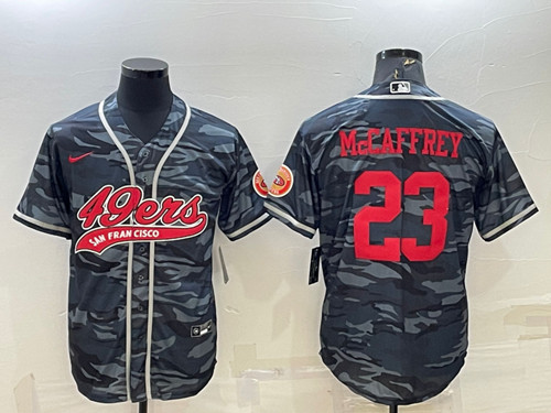 San Francisco 49ers #23 Christian McCaffrey Gray Red Camo With Patch Cool Base Stitched Baseball Jersey