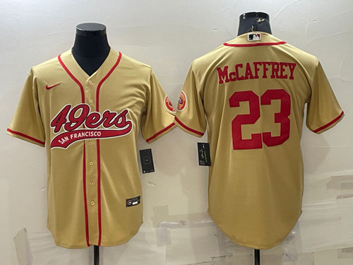 San Francisco 49ers #23 Christian McCaffrey Gold With Patch Cool Base Stitched Baseball Jersey