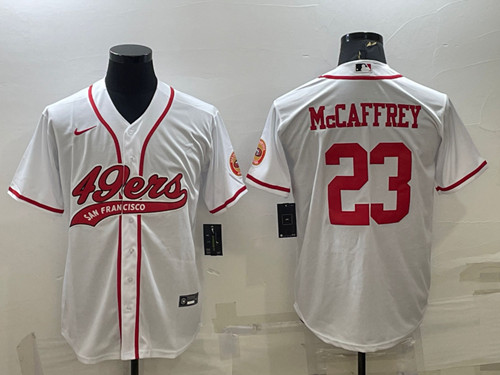 San Francisco 49ers #23 Christian McCaffrey White With Patch Cool Base Stitched Baseball Jersey