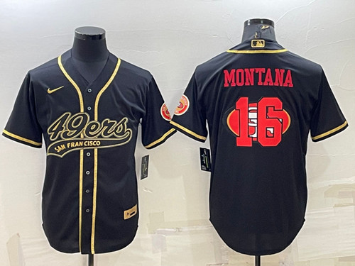 San Francisco 49ers #16 Joe Montana Black Gold Team Big Logo With Patch Cool Base Stitched Baseball Jersey
