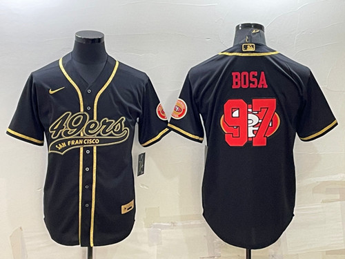 San Francisco 49ers #97 Nick Bosa Black Gold Team Big Logo With Patch Cool Base Stitched Baseball Jersey