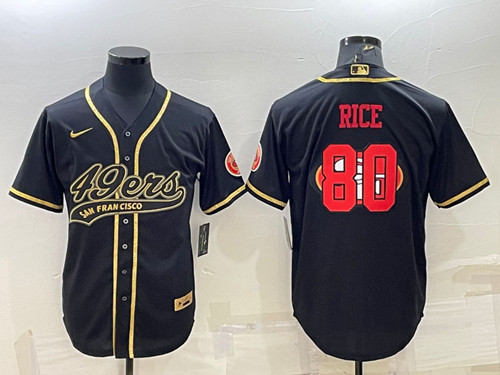 San Francisco 49ers #80 Jerry Rice Black Gold Team Big Logo With Patch Cool Base Stitched Baseball Jersey