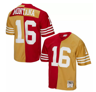 San Francisco 49ers #16 Joe Montana Red Gold Split 1990 Throwback Stitched Jersey