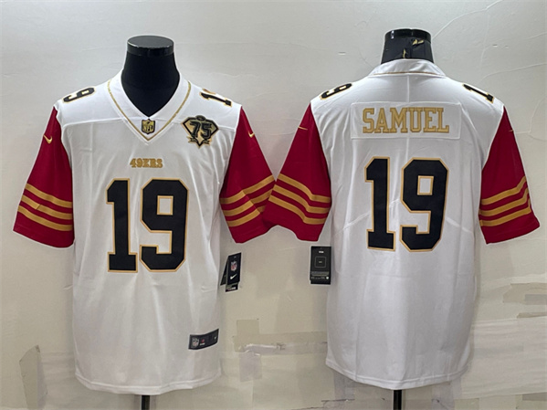 San Francisco 49ers #19 Deebo Samuel White Gold With 75th Anniversary Patch Stitched Jersey