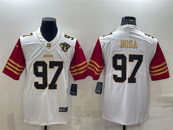 San Francisco 49ers #97 Nick Bosa White Gold With 75th Anniversary Patch Stitched Jersey