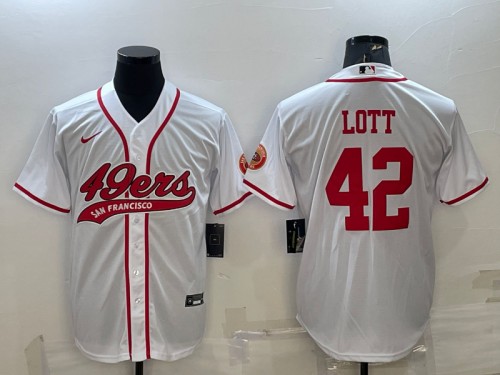 San Francisco 49ers #42 Ronnie Lott White With Patch Cool Base Stitched Baseball Jersey
