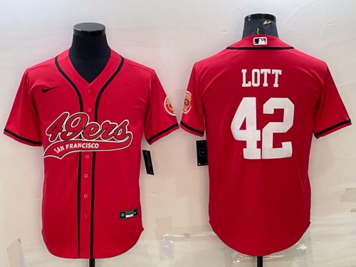 San Francisco 49ers #42 Ronnie Lott Red With Patch Cool Base Stitched Baseball Jersey