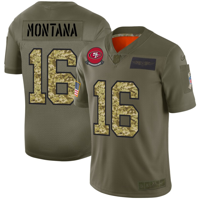 San Francisco 49ers #16 Joe Montana 2019 Olive Camo Salute To Service Limited Stitched Jersey