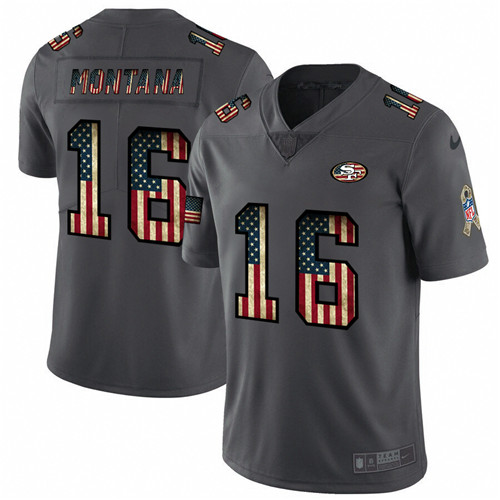 San Francisco 49ers #16 Joe Montana Grey 2019 Salute To Service USA Flag Fashion Limited Stitched Jersey
