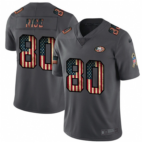 San Francisco 49ers #80 Jerry Rice Grey 2019 Salute To Service USA Flag Fashion Limited Stitched Jersey