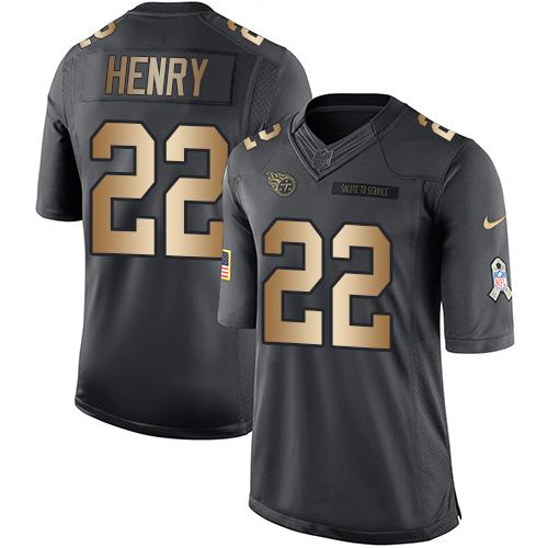Titans #22 Derrick Henry Black Stitched Limited Gold Salute To Service Nike Jersey
