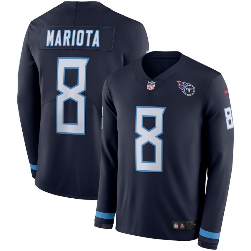Titans #8 Marcus Mariota Navy Therma Long Sleeve Stitched Jersey