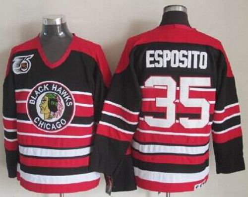 Blackhawks #35 Tony Esposito Red Black 75TH CCM Stitched Jersey