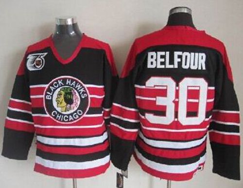 Blackhawks #30 ED Belfour Red Black 75TH CCM Stitched Jersey