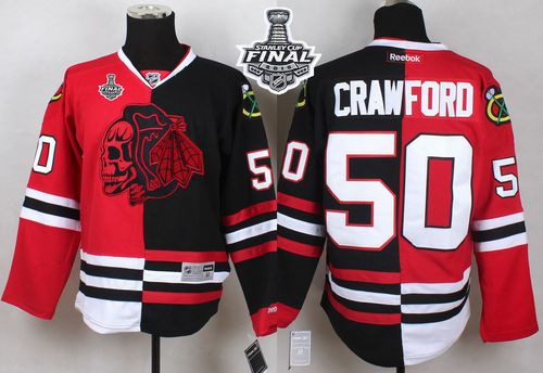 Blackhawks #50 Corey Crawford Red Black Split Red Skull 2015 Stanley Cup Stitched Jersey