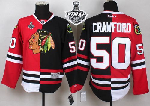 Blackhawks #50 Corey Crawford Red Black Split 2015 Stanley Cup Stitched Jersey