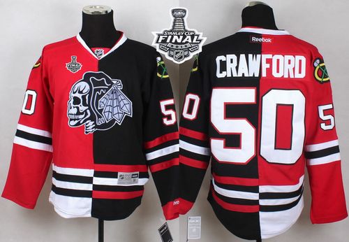 Blackhawks #50 Corey Crawford Red Black Split White Skull 2015 Stanley Cup Stitched Jersey