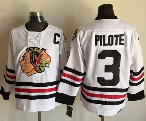 Blackhawks #3 Pierre Pilote White CCM Throwback Stitched Jersey