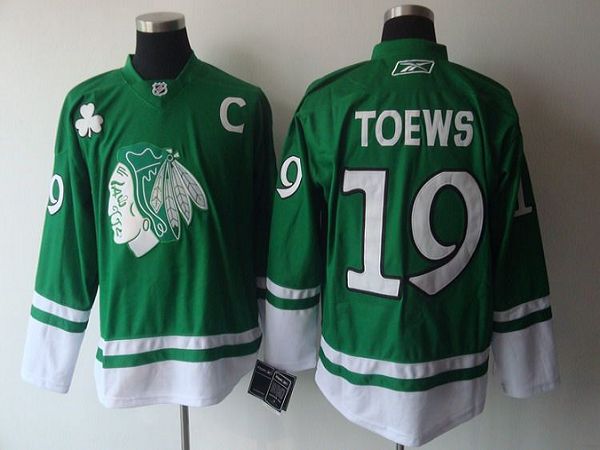 Blackhawks #19 Jonathan Toews Green St. Patty's Day Stitched Jersey