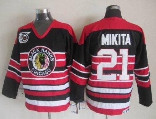 Blackhawks #21 Stan Mikita Red Black 75TH CCM Stitched Jersey