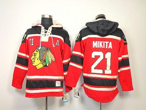 Blackhawks #21 Stan Mikita Red Sawyer Hooded Sweatshirt Stitched Jersey