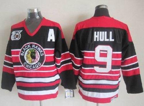 Blackhawks #9 Bobby Hull Red Black 75TH CCM Stitched Jersey