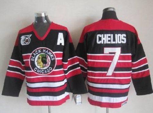Blackhawks #7 Chris Chelios Red Black 75TH CCM Stitched Jersey