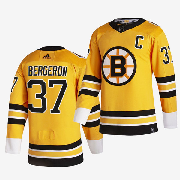 Boston Bruins #37 Patrice Bergeron 2020-21 Yellow Reverse Retro Stitched Jersey
