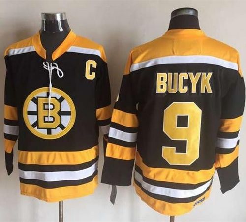 Bruins #9 Johnny Bucyk Black Yellow CCM Throwback New Stitched Jersey