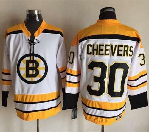 Bruins #30 Gerry Cheevers White CCM Throwback Stitched Jersey