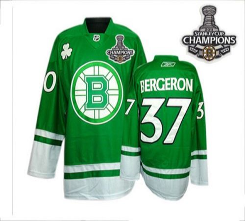 Bruins 2011 Stanley Cup Champions Patch St Patty's Day #37 Patrice Bergeron Green Stitched Jersey