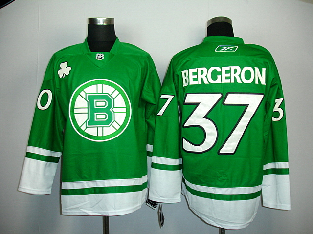 Bruins #37 Patrice Bergeron Green St. Patty's Day Stitched Jersey