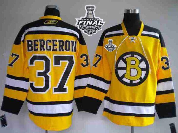Bruins Stanley Cup Finals Patch #37 Patrice Bergeron Stitched Winter Classic Yellow Jersey