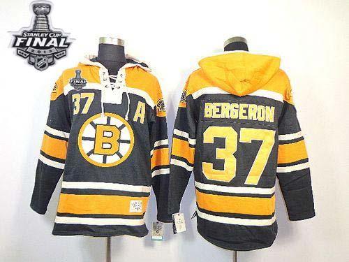 Bruins Stanley Cup Finals Patch #37 Patrice Bergeron Black Sawyer Hooded Sweatshirt Stitched Jersey
