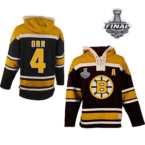 Bruins Stanley Cup Finals Patch #4 Bobby Orr Black Sawyer Hooded Sweatshirt Stitched Jersey