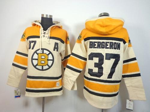 Bruins #37 Patrice Bergeron Cream Sawyer Hooded Sweatshirt Stitched Jersey