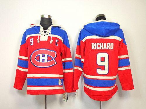Canadiens #9 Maurice Richard Red Sawyer Hooded Sweatshirt Stitched Jersey