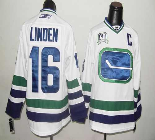 Canucks #16 Trevor Linden Stitched White With 40TH Patch Third Jersey