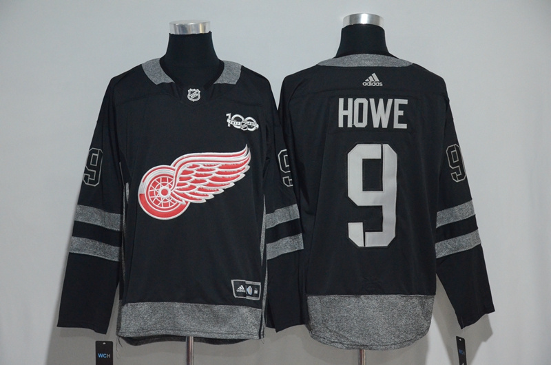 Detroit Red Wings #9 Gordie Howe Black 1917-2017 100th Anniversary Stitched Jersey