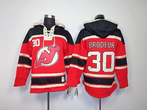 Devils #30 Martin Brodeur Red Sawyer Hooded Sweatshirt Stitched Jersey