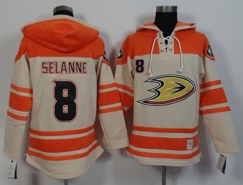 Ducks #8 Teemu Selanne Cream Orange Sawyer Hooded Sweatshirt Stitched Jersey