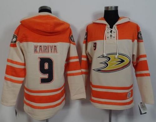 Ducks #9 Paul Kariya Cream Orange Sawyer Hooded Sweatshirt Stitched Jersey