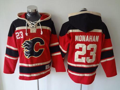 Flames #23 Sean Monahan Red Sawyer Hooded Sweatshirt Stitched Jersey