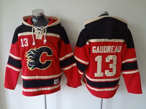 Flames #13 Johnny Gaudreau Red Sawyer Hooded Sweatshirt Stitched Jersey