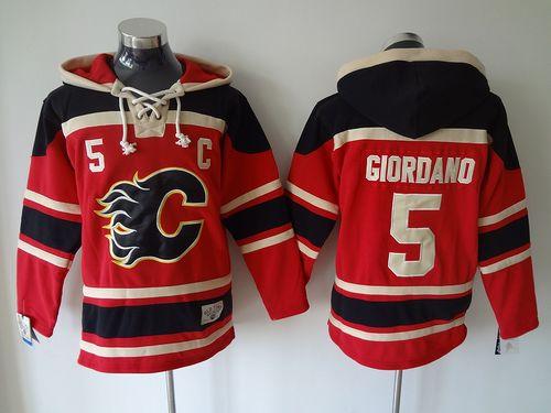 Flames #5 Mark Giordano Red Sawyer Hooded Sweatshirt Stitched Jersey